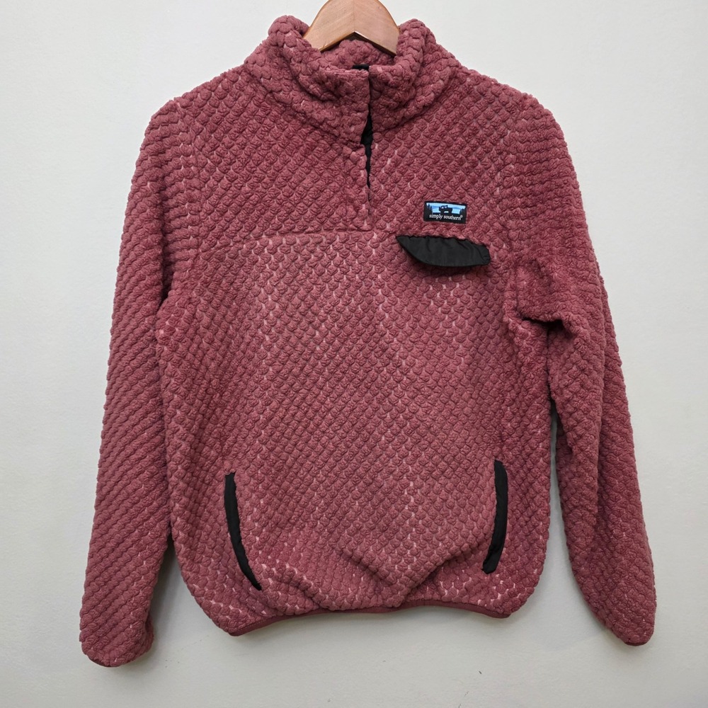 Simply Southern Fuzzy Textured Snap Neck Pullover Fleece Sweatshirt Women M Pink